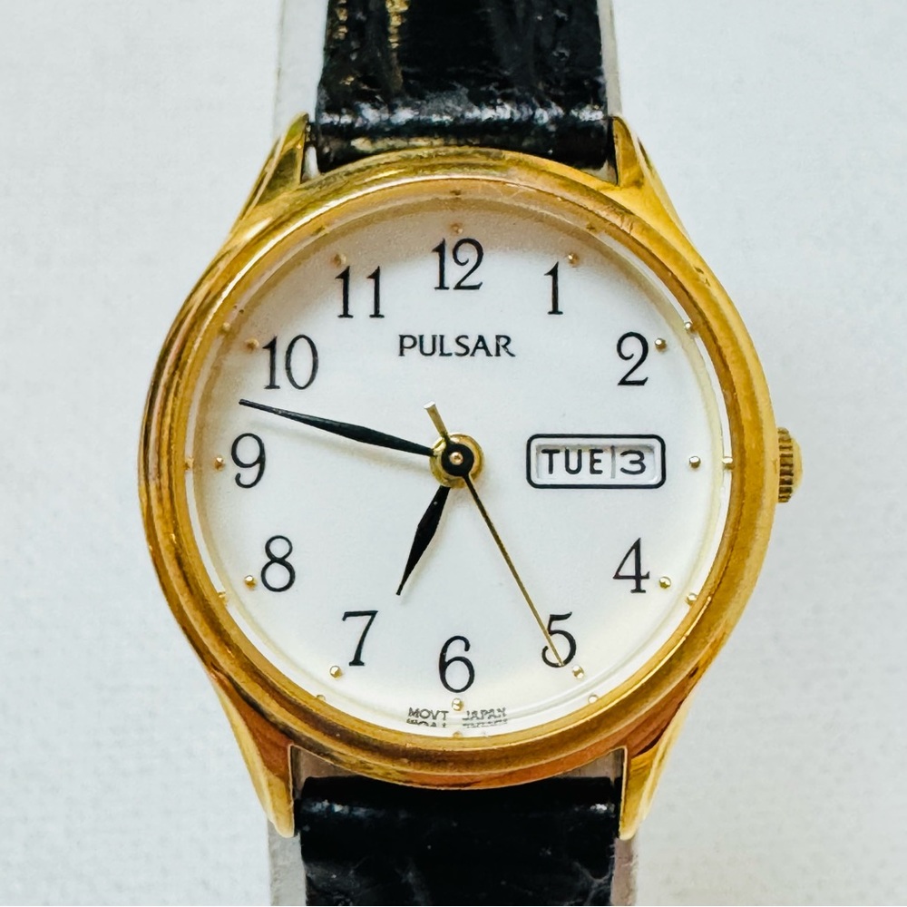 Seiko Pulsar 24mm Women's Day/Date Watch Gold Black Croco Leather VX83-X002 - Picture 13 of 14